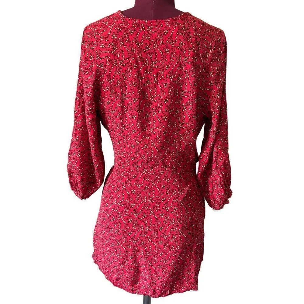 Free People Clara Tie Tunic Dress‎ size S Red Ditsy Floral Red Wrap Mini Peasant